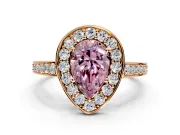 Bezel-Framed Halo Engagement Ring Setting for Fancy Pink Pear-Shaped Center with Pave Band and Prong Head in Rose Gold