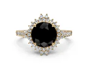 Sunburst Halo Engagement Ring Setting for Fancy Black Round Cut Center with Pave Band and Prong Head in Yellow Gold