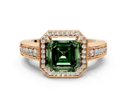 Milgrain Halo Engagement Ring Setting for Fancy Green Asscher Cut Center with Pave Band and Prong Head in Rose Gold