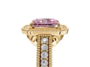 Milgrain Halo Engagement Ring Setting for Fancy Pink Radiant Cut Center with Pave Band and Prong Head in Yellow Gold