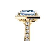 Halo Engagement Ring Setting for Fancy Blue Princess Cut Center with Pave Accents, Heart Basket and Prong Head in Yellow Gold