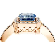 Halo Engagement Ring Setting for Fancy Blue Radiant Cut Center with Heart-Shaped Openwork, Pave Band and Prong Head in Rose Gold