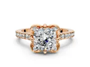 Floral Engagement Ring Setting for Cushion Cut Center with Pave Band and Floral Prong Head in Rose Gold