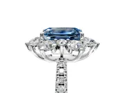 Floral Halo Engagement Ring Setting for Fancy Blue Emerald Cut Center with Pave Accents and Prong Head in Platinum