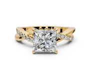Crossover Engagement Ring Setting for Princess Cut Center with Pave and Plain Strands and Prong Head in Yellow Gold