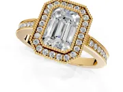 Halo Engagement Ring Setting for Emerald Cut Center with Milgrain Halo, Pave Band and Prong Head in Yellow Gold