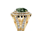 Double Halo Engagement Ring Setting for Fancy Green Round Cut Center with Narrow Pave Split Shank and Prong Head in Yellow Gold