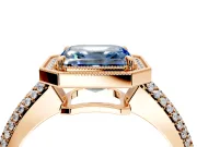 Milgrain Halo Engagement Ring Setting for Fancy Blue Asscher Cut Center with Three-Sided Pave Band and Prong Head in Rose Gold