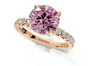 Solitaire Engagement Ring Setting for Fancy Pink Round Cut Center with Shared-Prong Accents and Prong Head in Rose Gold
