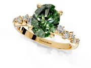 Solitaire Engagement Ring Setting for Fancy Green Oval Center with Trailing Leaf Accent Band and Prong Head in Yellow Gold