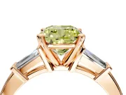 3 Stone Engagement Ring Setting for Fancy Yellow Cushion Cut Center with Channel Baguette Accents and Prong Head in Rose Gold