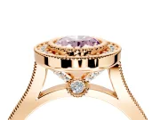 Halo Engagement Ring Setting for Fancy Pink Oval Center with Milgrain Frame, Pave Band and Prong Head in Rose Gold