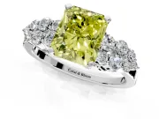 Cluster Engagement Ring Setting for Fancy Yellow Radiant Cut Center with 2-Row Shoulder Clusters and Prong Head in White Gold