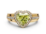Halo Engagement Ring Setting for Fancy Yellow Heart-Shaped Center with Wide Band, Inlaid Accent Row and Prong Head in Yellow Gold