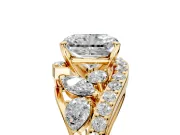 Halo Engagement Ring Setting for Radiant Cut Center with Marquise and Pave Bypass Band and Prong Head in Yellow Gold