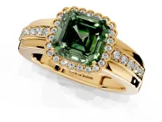 Halo Engagement Ring Setting for Fancy Green Asscher Cut Center with Wide Band, Inlaid Accent Row and Prong Head in Yellow Gold