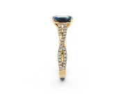 Solitaire Engagement Ring Setting for Fancy Blue Emerald Cut Center with Twisted Pave Split Shank and Prong Head in Yellow Gold