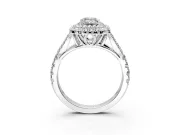Double Halo Engagement Ring Setting for Emerald Cut Center with Narrow Pave Split Shank and Prong Head in White Gold
