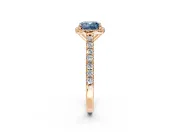Halo Engagement Ring Setting for Fancy Blue Cushion Cut Center with Full Pave Band and Prong Head in Rose Gold