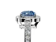 Bezel-Framed Halo Engagement Ring Setting for Fancy Blue Cushion Cut Center with Pave Band and Prong Head in Platinum