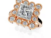 Cluster Halo Engagement Ring Setting for Princess Cut Center with Milgrain Bezel Accents and Prong Head in Rose Gold