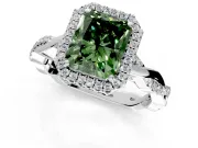 Halo Engagement Ring Setting for Fancy Green Radiant Cut Center with Pave and Plain Twist Band and Prong Head in White Gold