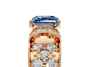 Pave Engagement Ring Setting for Fancy Blue Asscher Cut Center with Curved Accent Rows, Openwork and Prong Head in Rose Gold