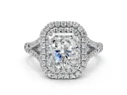 Double Halo Engagement Ring Setting for Radiant Cut Center with Narrow Pave Split Shank and Prong Head in White Gold