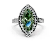Halo Engagement Ring Setting for Fancy Green Marquise Center with Outer Bezel Rim, Pave Band and Prong Head in Platinum
