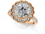 Milgrain Floral Halo Engagement Ring Setting for Round Cut Center with Pave Band and Prong Head in Rose Gold