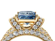 Pave Engagement Ring Setting for Fancy Blue Princess Cut Center with Curved Accent Rows, Openwork and Prong Head in Yellow Gold