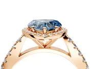 Halo Engagement Ring Setting for Fancy Blue Heart-Shaped Center with Full Pave Band and Prong Head in Rose Gold