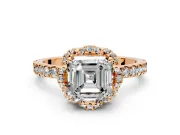 Floral Halo Engagement Ring Setting for Asscher Cut Center with Pave Band and Prong Head in Rose Gold