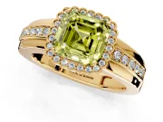 Halo Engagement Ring Setting for Fancy Yellow Asscher Cut Center with Wide Band, Inlaid Accent Row and Prong Head in Yellow Gold