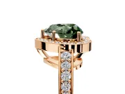 Bezel-Framed Halo Engagement Ring Setting for Fancy Green Heart-Shaped Center with Pave Band and Prong Head in Rose Gold