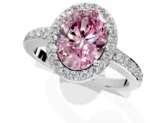 Halo Engagement Ring Setting for Fancy Pink Oval Center with Heart-Shaped Openwork, Pave Band and Prong Head in Platinum
