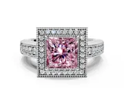 Milgrain Halo Engagement Ring Setting for Fancy Pink Princess Cut Center with Pave Band and Prong Head in Sterling Silver