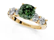 5 Stone Engagement Ring Setting for Fancy Green Cushion Cut Center with Graduated Accents and Prong Head in Yellow Gold