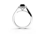 Halo Engagement Ring Setting for Fancy Black Emerald Cut Center with Narrowing Pave Band and Prong Head in White Gold
