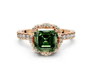 Halo Engagement Ring Setting for Fancy Green Asscher Cut Center with Openwork Halo, Pave Band and Prong Head in Rose Gold