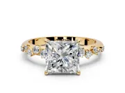 Cluster Engagement Ring Setting for Princess Cut Center with Round Cut Accent Band and Prong Head in Yellow Gold