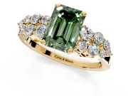 Cluster Engagement Ring Setting for Fancy Green Emerald Cut Center with 2-Row Shoulder Clusters and Prong Head in Yellow Gold