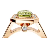 Halo Engagement Ring Setting for Fancy Yellow Radiant Cut Center with Outer Bezel Rim, Pave Band and Prong Head in Rose Gold