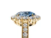 Halo Engagement Ring Setting for Fancy Blue Oval Center with Milgrain Channel Band and Prong Head in Yellow Gold