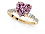 Baguette Engagement Ring Setting for Fancy Pink Heart-Shaped Center with Alternating Bar-Set Band and Prong Head in Yellow Gold