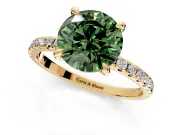 Solitaire Engagement Ring Setting for Fancy Green Round Cut Center with Fine Pave Narrow Band and Prong Head in Yellow Gold
