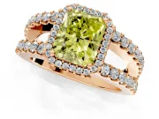 Halo Engagement Ring Setting for Fancy Yellow Radiant Cut Center with Wide-Open Pave Split Shank and Prong Head in Rose Gold
