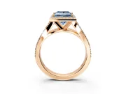 Halo Engagement Ring Setting for Fancy Blue Princess Cut Center with Narrow Pave Split Shank and Prong Head in Rose Gold