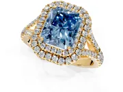 Double Halo Engagement Ring Setting for Fancy Blue Radiant Cut Center with Narrow Pave Split Shank and Prong Head in Yellow Gold