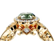 Milgrain Halo Engagement Ring Setting for Fancy Green Oval Center with Shoulder Bezels and Prong Head in Yellow Gold